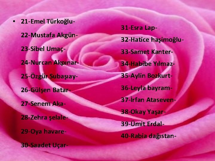  • 21 -Emel Türkoğlu 22 -Mustafa Akgün- 31 -Esra Lap 32 -Hatice haşimoğlu-