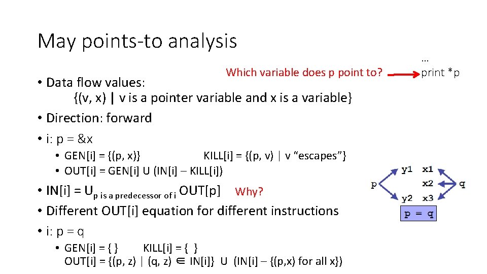 May points-to analysis Which variable does p point to? • Data flow values: {(v,