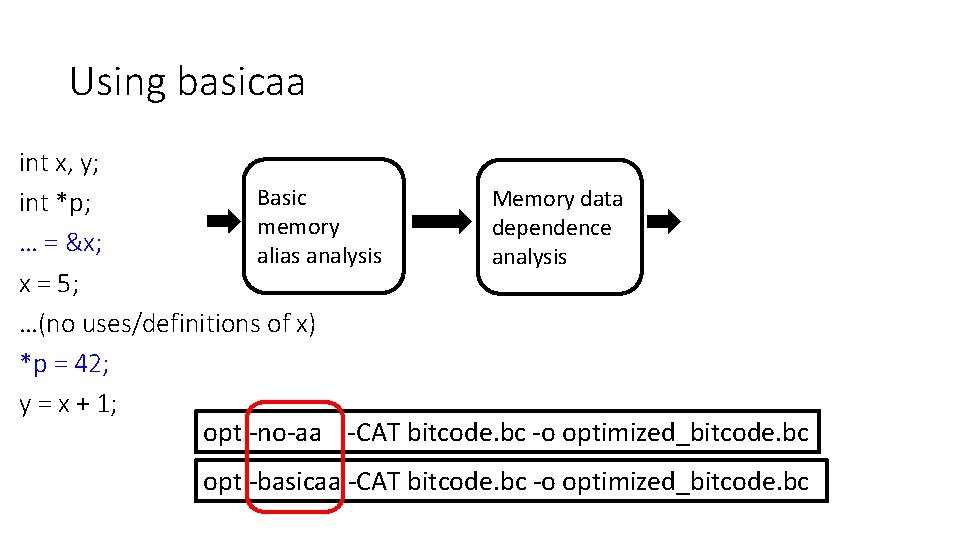 Using basicaa int x, y; Basic Memory data int *p; memory dependence … =