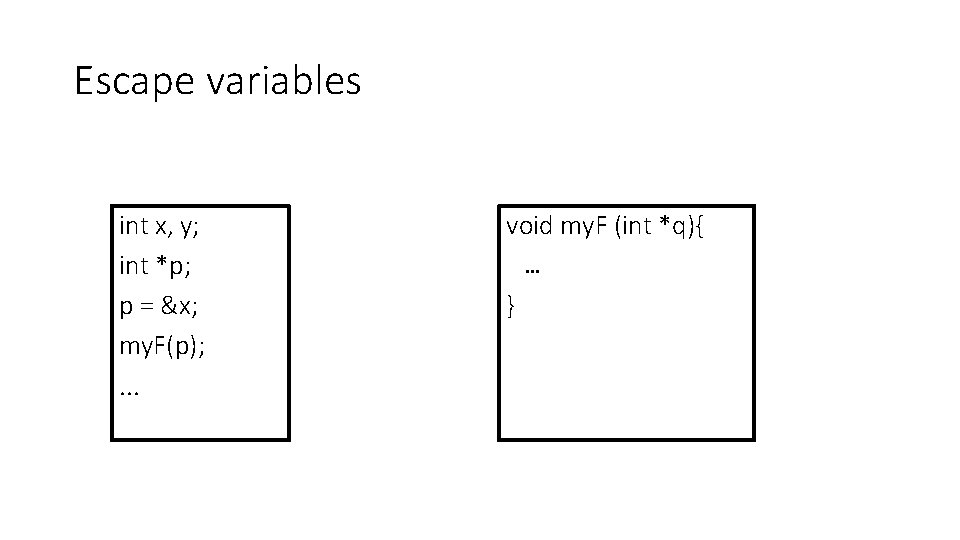 Escape variables int x, y; int *p; p = &x; my. F(p); . .