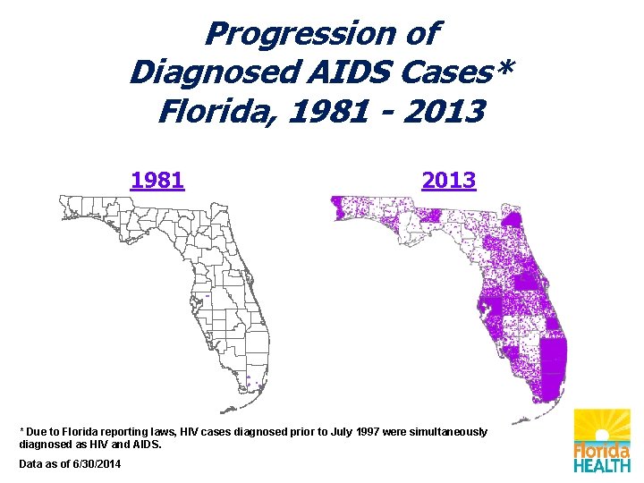 Progression of Diagnosed AIDS Cases* Florida, 1981 - 2013 1981 2013 * Due to