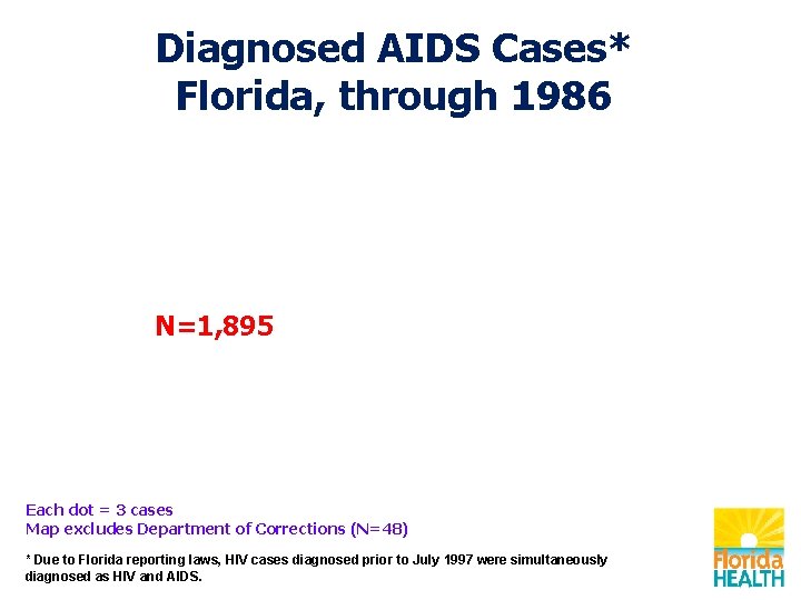 Diagnosed AIDS Cases* Florida, through 1986 N=1, 895 Each dot = 3 cases Map