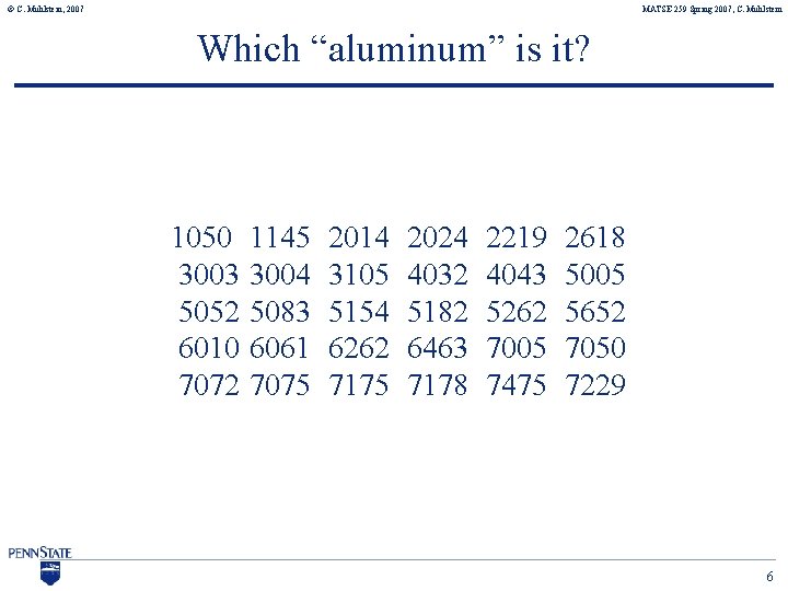 © C. Muhlstein, 2007 MATSE 259 Spring 2007, C. Muhlstein Which “aluminum” is it?