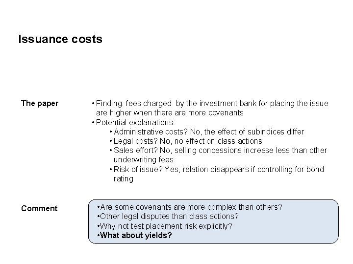 Issuance costs The paper Comment • Finding: fees charged by the investment bank for