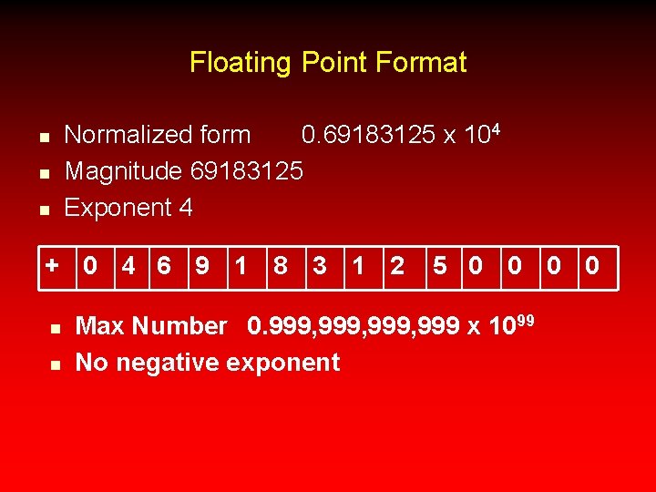 Floating Point Format n n n Normalized form 0. 69183125 x 104 Magnitude 69183125