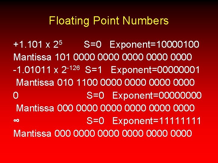 Floating Point Numbers +1. 101 x 25 S=0 Exponent=10000100 Mantissa 101 0000 0000 -1.