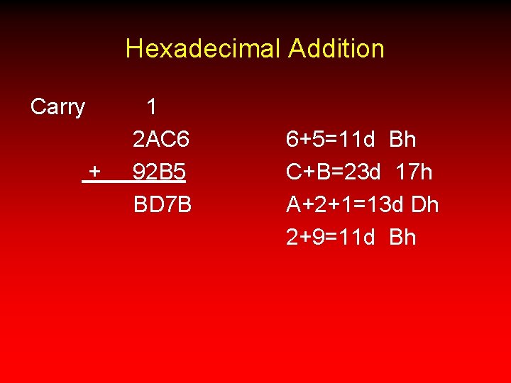 Hexadecimal Addition Carry + 1 2 AC 6 92 B 5 BD 7 B