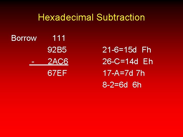 Hexadecimal Subtraction Borrow - 111 92 B 5 2 AC 6 67 EF 21