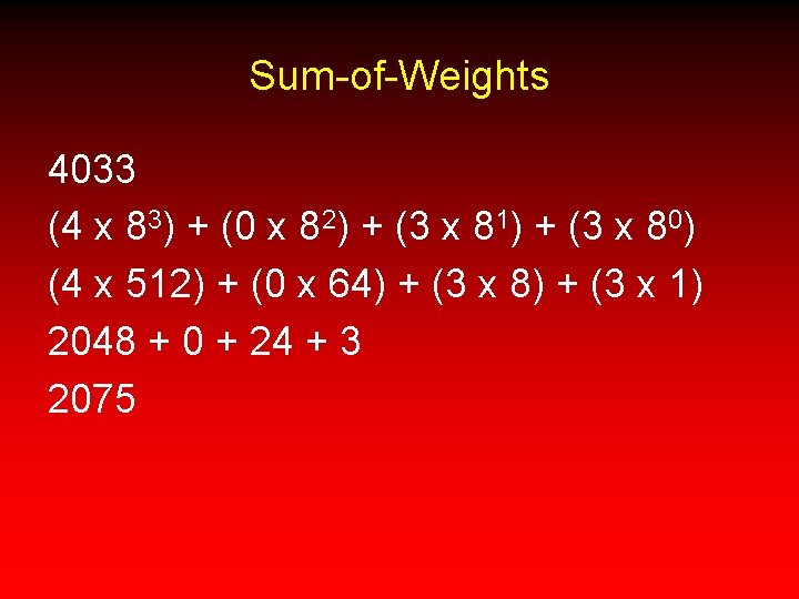 Sum-of-Weights 4033 (4 x 83) + (0 x 82) + (3 x 81) +