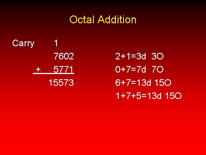 Octal Addition Carry 1 7602 + 5771 15573 2+1=3 d 3 O 0+7=7 d
