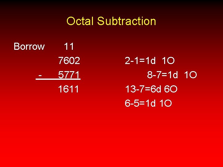 Octal Subtraction Borrow - 11 7602 5771 1611 2 -1=1 d 1 O 8