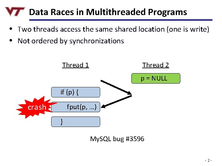 Data Races in Multithreaded Programs • Two threads access the same shared location (one