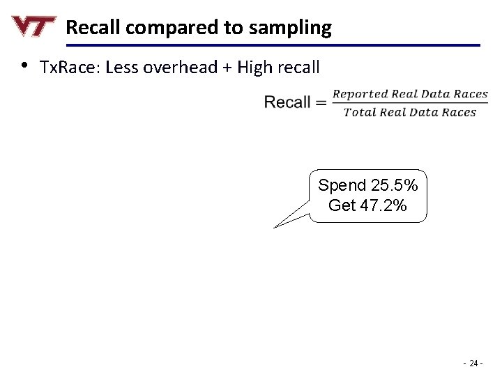 Recall compared to sampling • Tx. Race: Less overhead + High recall Spend 25.