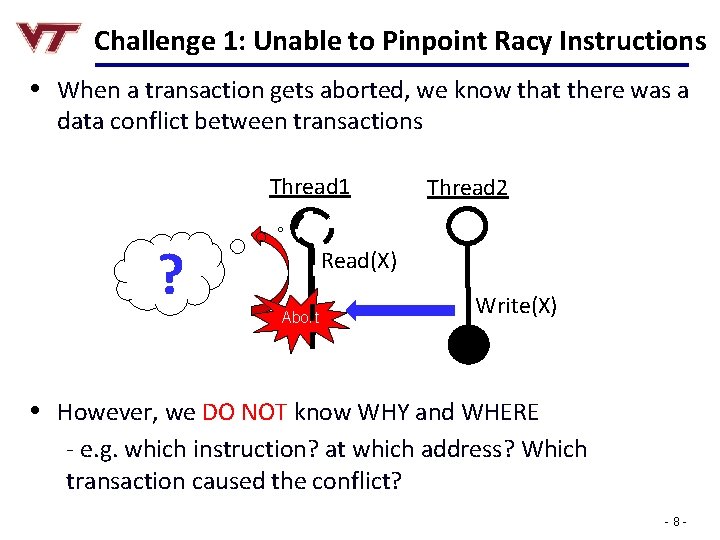 Challenge 1: Unable to Pinpoint Racy Instructions • When a transaction gets aborted, we