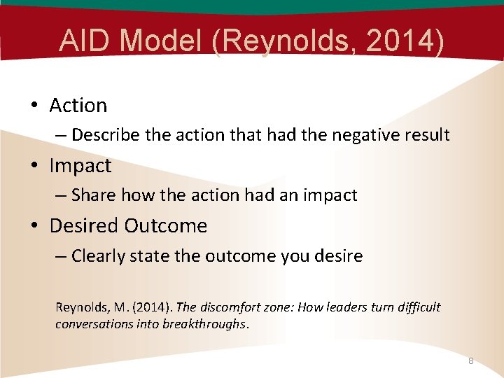 AID Model (Reynolds, 2014) • Action – Describe the action that had the negative