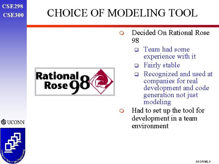 CSE 298 CSE 300 CHOICE OF MODELING TOOL m m Decided On Rational Rose CSE 298 CSE 300 CHOICE OF MODELING TOOL m m Decided On Rational Rose