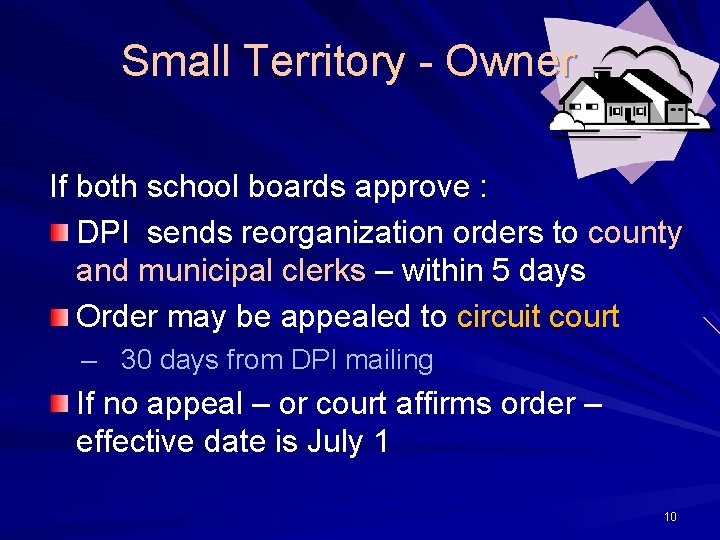 Small Territory - Owner If both school boards approve : DPI sends reorganization orders
