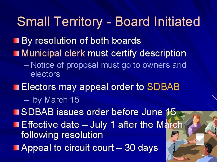 Small Territory - Board Initiated By resolution of both boards Municipal clerk must certify