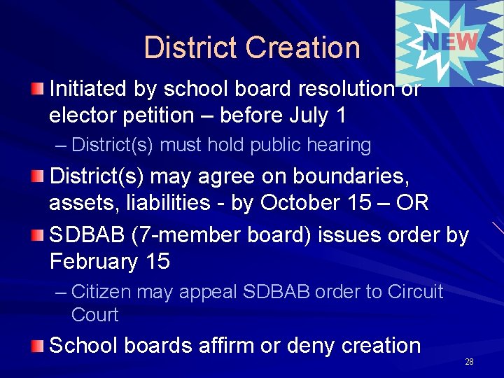 District Creation Initiated by school board resolution or elector petition – before July 1