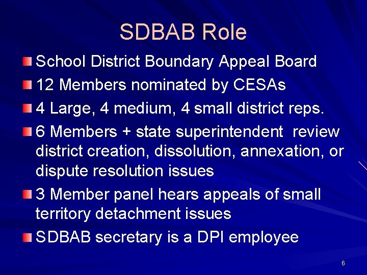 SDBAB Role School District Boundary Appeal Board 12 Members nominated by CESAs 4 Large,