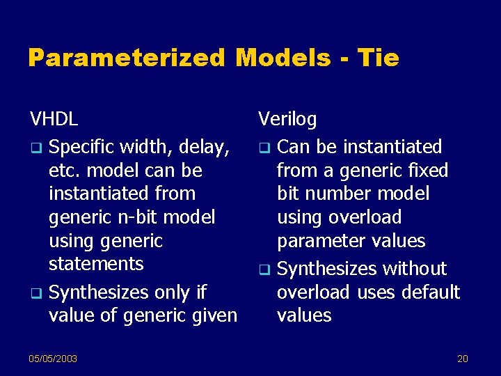 Parameterized Models - Tie VHDL q Specific width, delay, etc. model can be instantiated Parameterized Models - Tie VHDL q Specific width, delay, etc. model can be instantiated