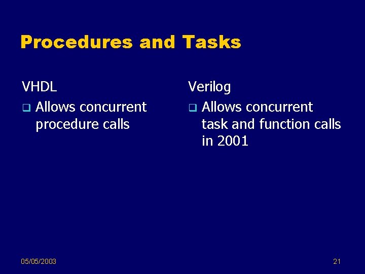 Procedures and Tasks VHDL q Allows concurrent procedure calls 05/05/2003 Verilog q Allows concurrent