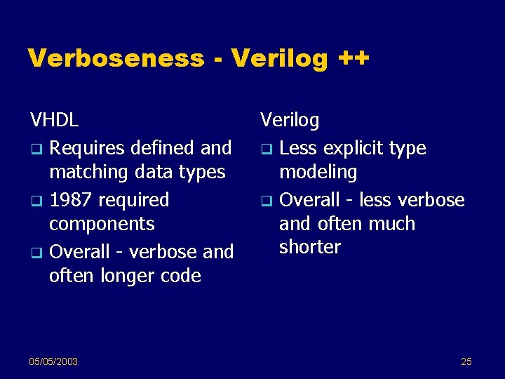 Verboseness - Verilog ++ VHDL q Requires defined and matching data types q 1987 Verboseness - Verilog ++ VHDL q Requires defined and matching data types q 1987