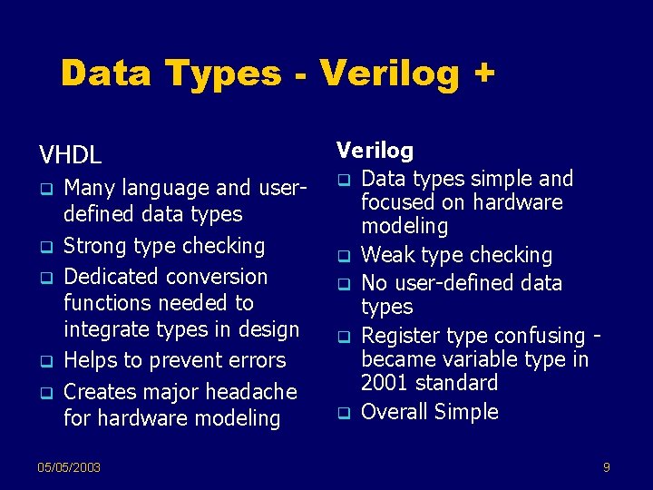 Data Types - Verilog + VHDL q q q Many language and userdefined data