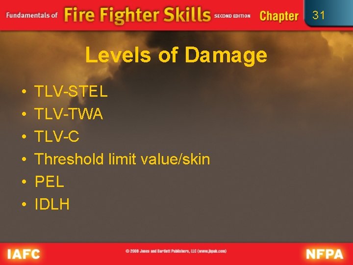 31 Levels of Damage • • • TLV-STEL TLV-TWA TLV-C Threshold limit value/skin PEL