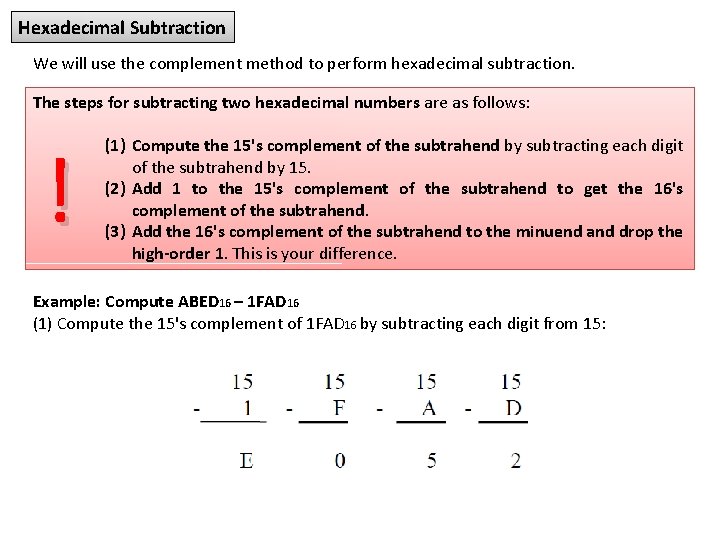 Hexadecimal Subtraction We will use the complement method to perform hexadecimal subtraction. The steps