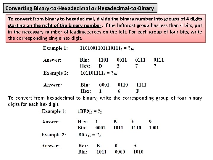 Converting Binary-to-Hexadecimal or Hexadecimal-to-Binary To convert from binary to hexadecimal, divide the binary number
