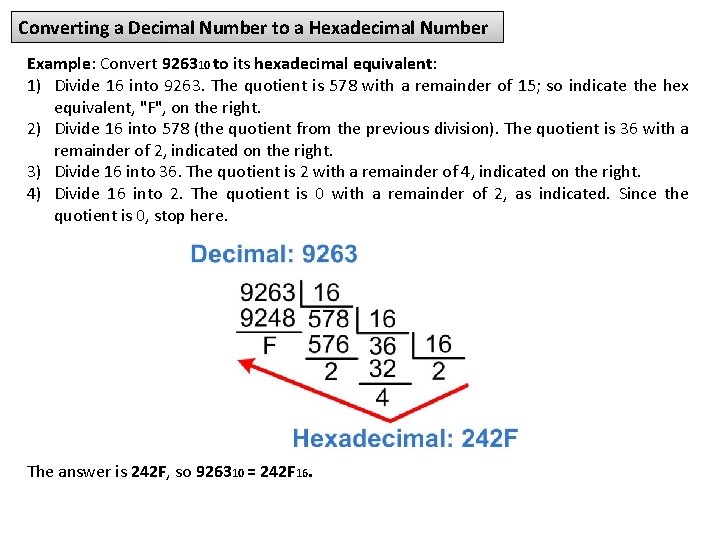 Converting a Decimal Number to a Hexadecimal Number Example: Convert 926310 to its hexadecimal