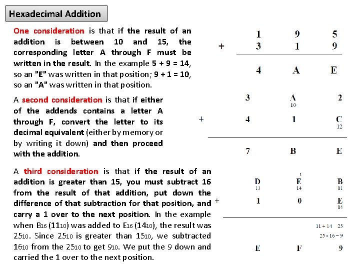 Hexadecimal Addition One consideration is that if the result of an addition is between