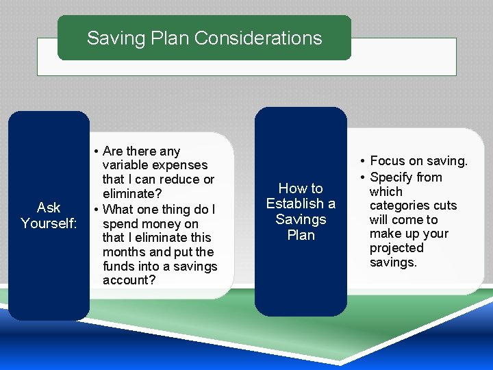 Saving Plan Considerations Ask Yourself: • Are there any variable expenses that I can