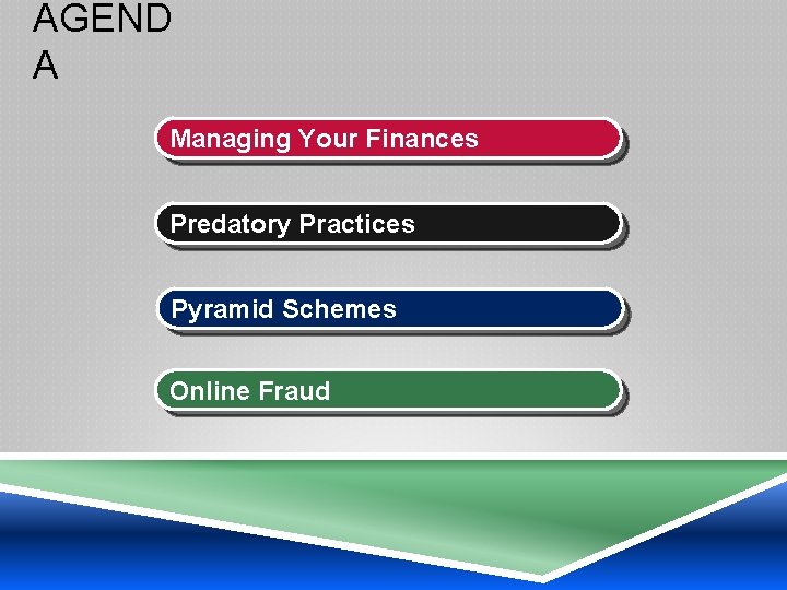 AGEND A Managing Your Finances Predatory Practices Pyramid Schemes Online Fraud 