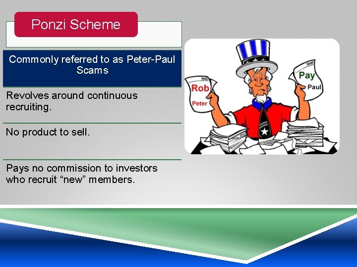 Ponzi Scheme Commonly referred to as Peter-Paul Scams Revolves around continuous recruiting. No product