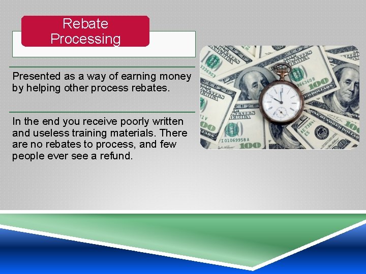 Rebate Processing Presented as a way of earning money by helping other process rebates.