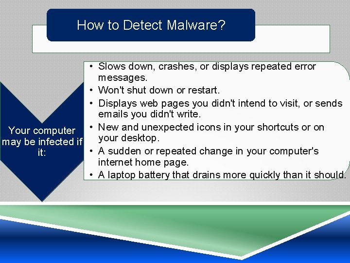 How to Detect Malware? • Slows down, crashes, or displays repeated error messages. •