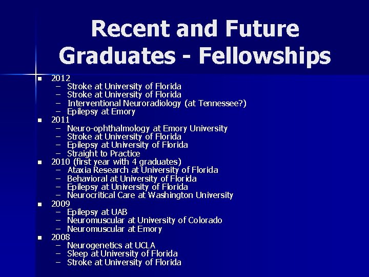 Recent and Future Graduates - Fellowships n n n 2012 – Stroke at University