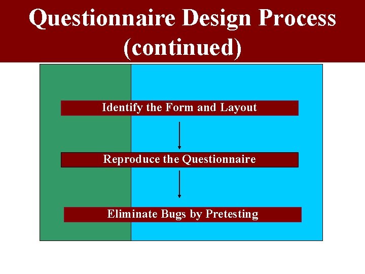 Questionnaire Design Process (continued) Identify the Form and Layout Reproduce the Questionnaire Eliminate Bugs Questionnaire Design Process (continued) Identify the Form and Layout Reproduce the Questionnaire Eliminate Bugs