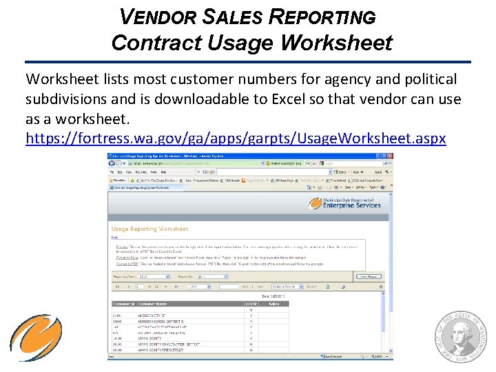 VENDOR SALES REPORTING Contract Usage Worksheet lists most customer numbers for agency and political