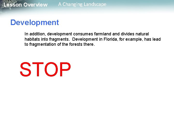 Lesson Overview A Changing Landscape Development In addition, development consumes farmland divides natural habitats