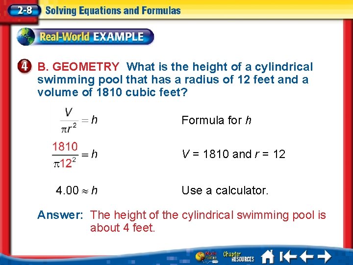 B. GEOMETRY What is the height of a cylindrical swimming pool that has a