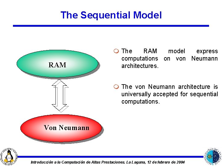 The Sequential Model RAM m The RAM model express computations on von Neumann architectures.