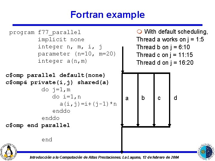 Fortran example m With default scheduling, Thread a works on j = 1: 5