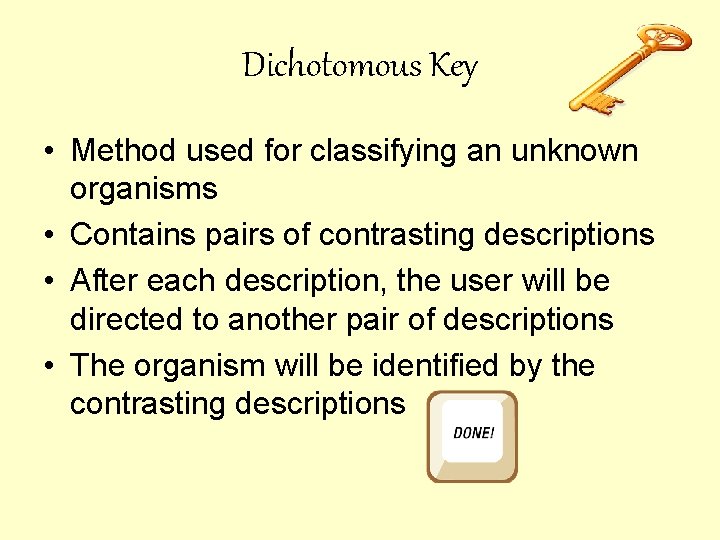Dichotomous Key • Method used for classifying an unknown organisms • Contains pairs of