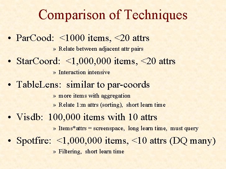 Comparison of Techniques • Par. Cood: <1000 items, <20 attrs » Relate between adjacent