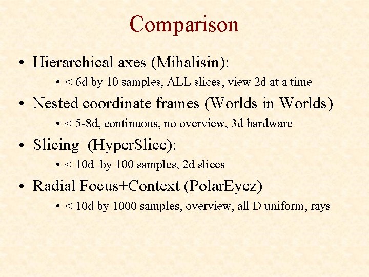 Comparison • Hierarchical axes (Mihalisin): • < 6 d by 10 samples, ALL slices,
