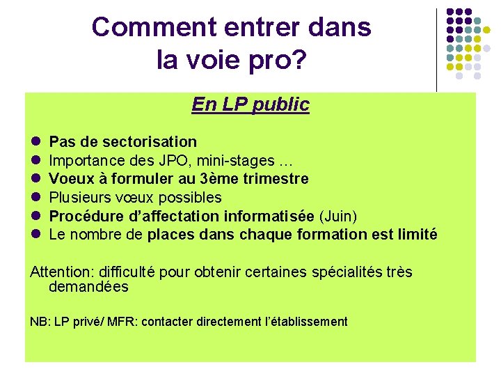 Comment entrer dans la voie pro? En LP public Pas de sectorisation Importance des