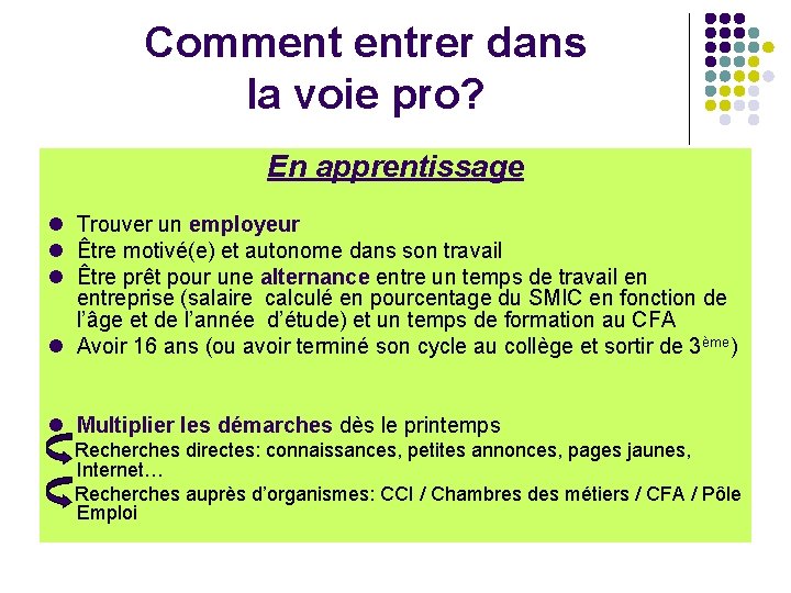 Comment entrer dans la voie pro? En apprentissage Trouver un employeur Être motivé(e) et